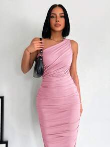 EURMUSE One Shoulder Ruched Bodycon Dress - Dusty Pink - View 3