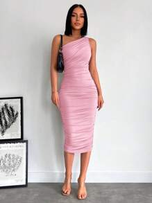 EURMUSE One Shoulder Ruched Bodycon Dress - Dusty Pink - View 4