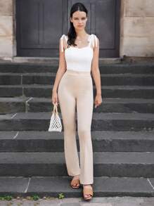 RueChic Solid Flare Leg Trousers - Beige - View 3