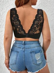 Plus Floral Lace Scallop Trim Bralet - Black - View 2