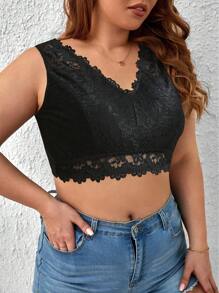 Plus Floral Lace Scallop Trim Bralet - Black - View 3