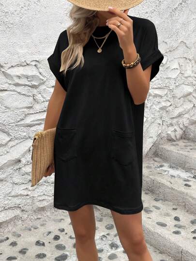 INAWLY Solid Batwing Sleeve Pocket Patched Tee Dress