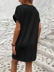 INAWLY 素色蝙蝠袖口袋貼布T恤連衣裙 - 黑色 - 查看 2