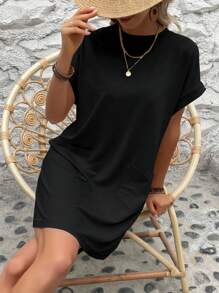 INAWLY 素色蝙蝠袖口袋貼布T恤連衣裙 - 黑色 - 查看 5