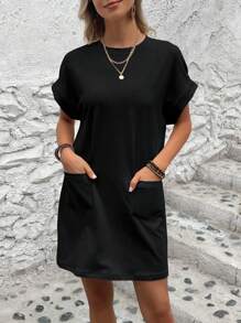 INAWLY 素色蝙蝠袖口袋貼布T恤連衣裙 - 黑色 - 查看 6