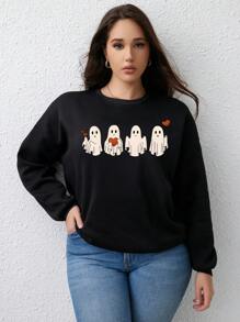 INAWLY Plus Halloween Ghost Pattern Drop Shoulder Sweatshirt - Black - View 1