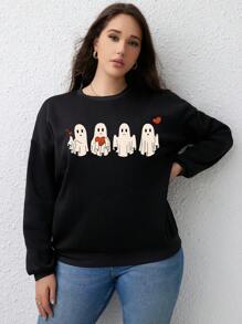 INAWLY Plus Halloween Ghost Pattern Drop Shoulder Sweatshirt - Black - View 3