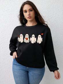 INAWLY Plus Halloween Ghost Pattern Drop Shoulder Sweatshirt - Black - View 5