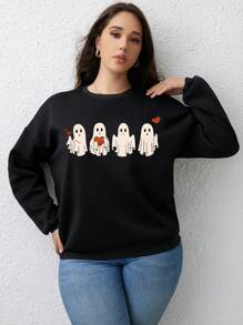 INAWLY Plus Halloween Ghost Pattern Drop Shoulder Sweatshirt - Black - View 6