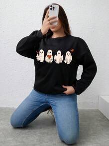 INAWLY Plus Halloween Ghost Pattern Drop Shoulder Sweatshirt - Black - View 8