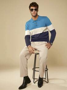 GENTILAND 男士撞色Polo領套頭毛衣 - 彩色 - 查看 3