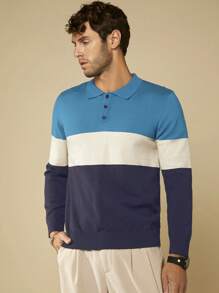 GENTILAND 男士撞色Polo領套頭毛衣 - 彩色 - 查看 4