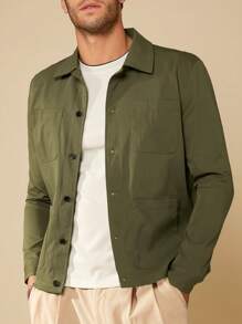 GENTILAND 宽松男士纯色前扣长袖休闲夹克 - 軍綠色 - 查看 1