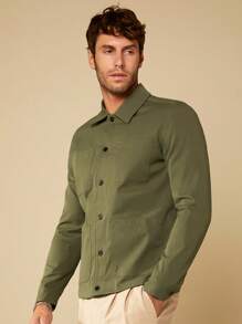 GENTILAND 宽松男士纯色前扣长袖休闲夹克 - 軍綠色 - 查看 5