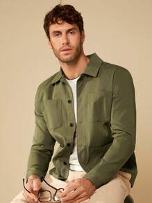 GENTILAND 宽松男士纯色前扣长袖休闲夹克 - 軍綠色 - 查看 6