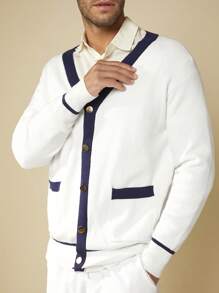 Manfinity NXTstreet Áo khoác cardigan tay raglan viền tương phản dáng rộng cho nam, hai túi - trắng - Xem 1