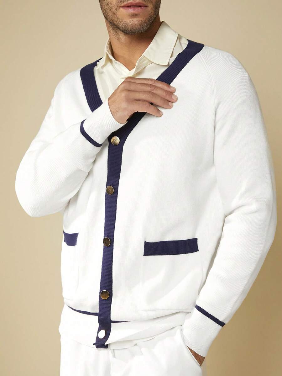 Manfinity NXTstreet Áo khoác cardigan tay raglan viền tương phản dáng rộng cho nam, hai túi - trắng - Xem 1