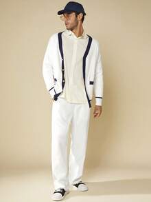 Manfinity NXTstreet Áo khoác cardigan tay raglan viền tương phản dáng rộng cho nam, hai túi - trắng - Xem 4