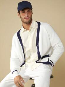 Manfinity NXTstreet Áo khoác cardigan tay raglan viền tương phản dáng rộng cho nam, hai túi - trắng - Xem 5