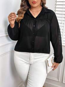 SHEIN LUNE Plus Solid Button Front Shirt Without Bra - Black - View 1