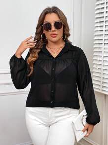 SHEIN LUNE Plus Solid Button Front Shirt Without Bra - Black - View 3