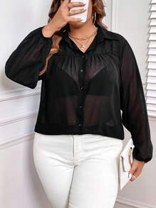 SHEIN LUNE Plus Solid Button Front Shirt Without Bra - Black - View 4