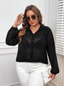 SHEIN LUNE Plus Solid Button Front Shirt Without Bra - Black - View 7
