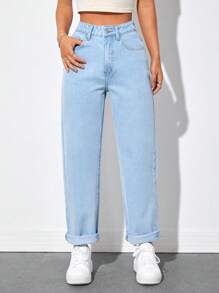 SHEIN PETITE 高腰直筒牛仔褲 - 淺色水洗藍 - 查看 3