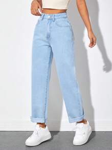 SHEIN PETITE 高腰直筒牛仔褲 - 淺色水洗藍 - 查看 1