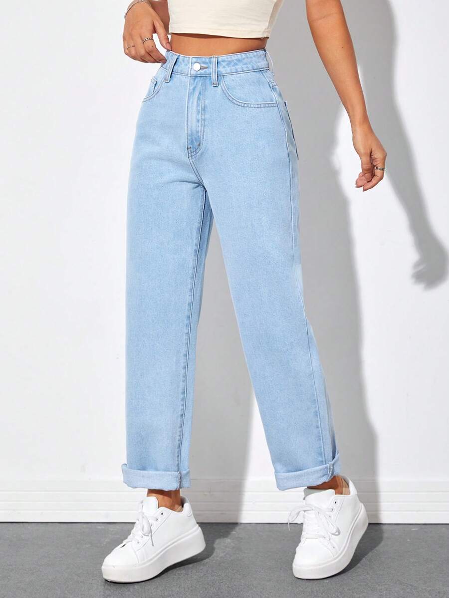 SHEIN PETITE 高腰直筒牛仔褲 - 淺色水洗藍 - 查看 1