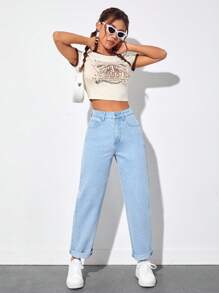 SHEIN PETITE 高腰直筒牛仔褲 - 淺色水洗藍 - 查看 4