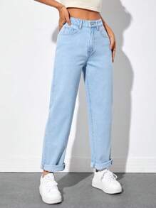 SHEIN PETITE 高腰直筒牛仔褲 - 淺色水洗藍 - 查看 5