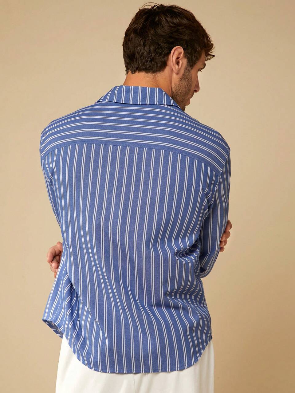 Oversized Men's Striped Print Flap Pocket Button Front Jacket