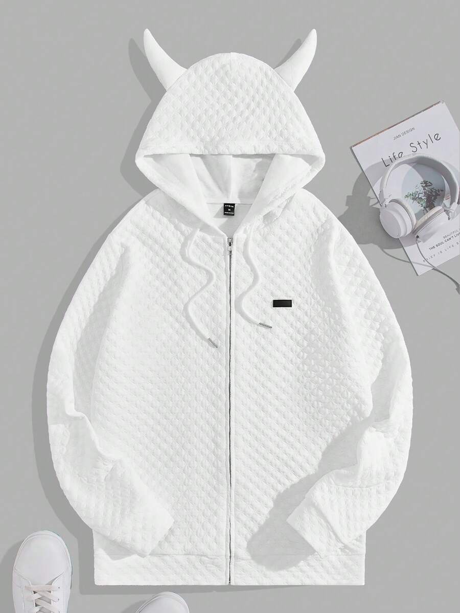 Manfinity RebelGame Men Patched Detail 3D Ear Design Drawstring Hoodie - White - View 1