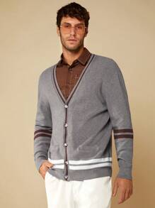 GENTILAND 男士條紋圖案前紐扣開襟衫 - 灰色 - 查看 5