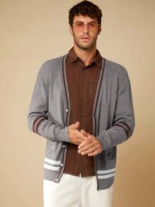 GENTILAND 男士條紋圖案前紐扣開襟衫 - 灰色 - 查看 4