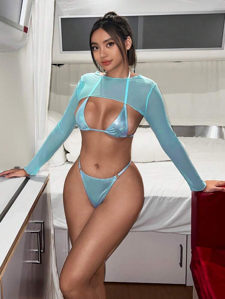 Summer Beach Plain Halter Bikini Set With Cover Up