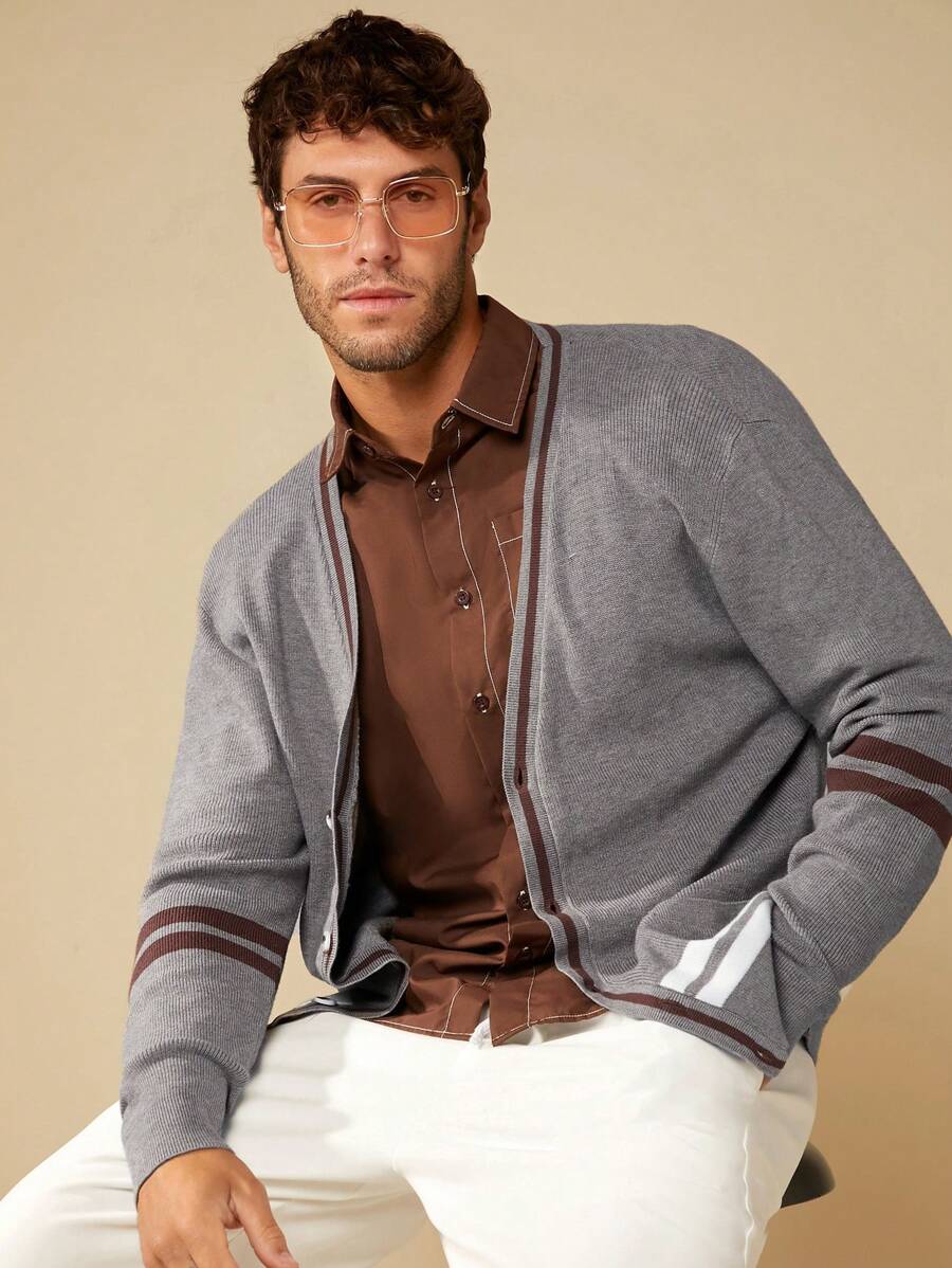 GENTILAND 男士條紋圖案前紐扣開襟衫 - 灰色 - 查看 1