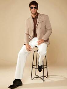 Manfinity NXTstreet 男士1入組雙排釦翻蓋細節西裝外套 - 卡其色 - 查看 3