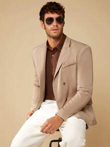 Manfinity NXTstreet 男士1入組雙排釦翻蓋細節西裝外套 - 卡其色 - 查看 5