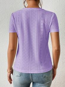 SHEIN Frenchy Solid Eyelet Embroidery Round Neck White Tee Commute Minimalist Office Old Money  Simple  Commute Minimalist Office Old Money  Simple Summer Casual Purple - Purple - View 2