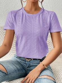 SHEIN Frenchy Solid Eyelet Embroidery Round Neck White Tee Commute Minimalist Office Old Money  Simple  Commute Minimalist Office Old Money  Simple Summer Casual Purple - Purple - View 4