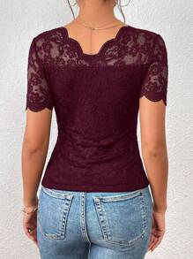 SHEIN Frenchy 貝殼邊蕾絲上衣 - 酒紅色 - 查看 2