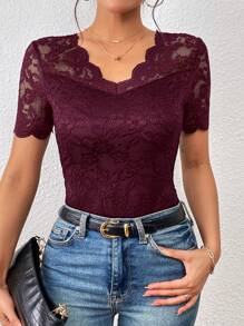 SHEIN Frenchy 貝殼邊蕾絲上衣 - 酒紅色 - 查看 3