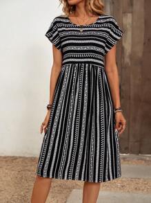 SHEIN LUNE In Địa lý tay cánh Váy Smock - Đen và trắng - Xem 5