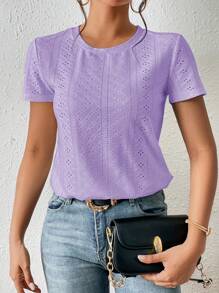 SHEIN Frenchy Solid Eyelet Embroidery Round Neck White Tee Commute Minimalist Office Old Money  Simple  Commute Minimalist Office Old Money  Simple Summer Casual Purple - Purple - View 6
