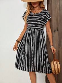 SHEIN LUNE In Địa lý tay cánh Váy Smock - Đen và trắng - Xem 6