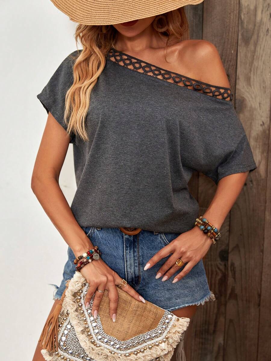 SHEIN Clasi Contrast Lace Asymmetrical Neck Batwing Sleeve Tee - Dark Grey - View 1