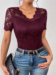 SHEIN Frenchy 貝殼邊蕾絲上衣 - 酒紅色 - 查看 5