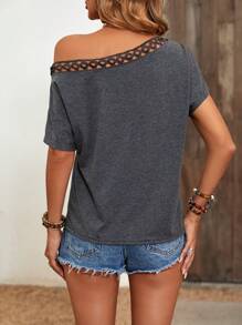 SHEIN Clasi Contrast Lace Asymmetrical Neck Batwing Sleeve Tee - Dark Grey - View 2